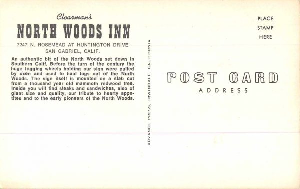 San Gabriel California North Woods Inn Dining Room Vintage Postcard JE229831 - Image 2