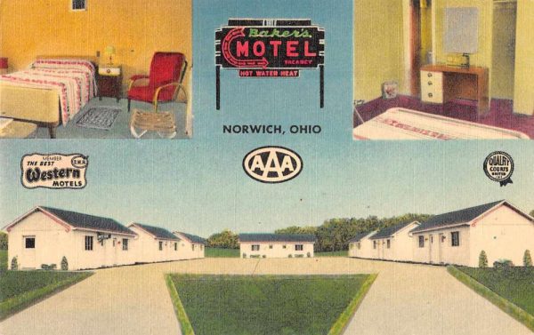 Norwich Ohio Baker's Motel Linen Vintage Postcard JF686638