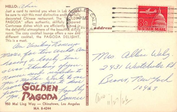 Los Angeles California Chinatown Golden Pagoda Restaurant Postcard JF686666 - Image 2