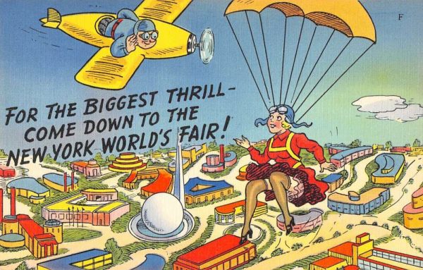 New York World's Fair airplane lady parachuting linen antique pc ZA440825