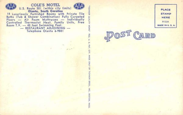 Olanta South Carolina Cole's Motel Swimming Pool Vintage Postcard JE359335 - Image 2