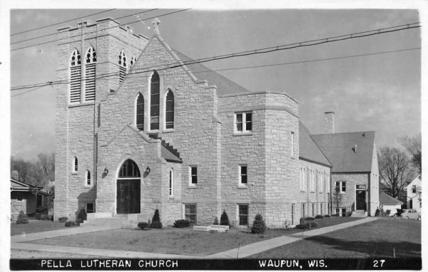 Waupun Wisconsin birds eye view Pella Lutheran Church real photo pc ZD549671