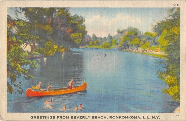 Ronkonkoma New York Greetings From Beverly Beach canoe linen antique pc ZA441268