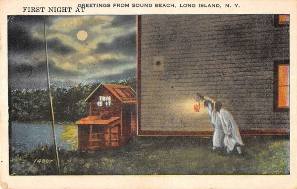 Sound Beach New York Greetings From night scene house antique pc ZA441278