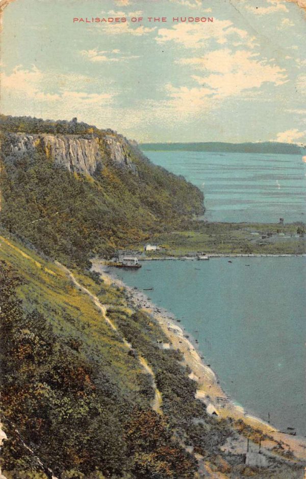 Palisades on the Hudson New York view of boats beach bathers antique pc ZA441352