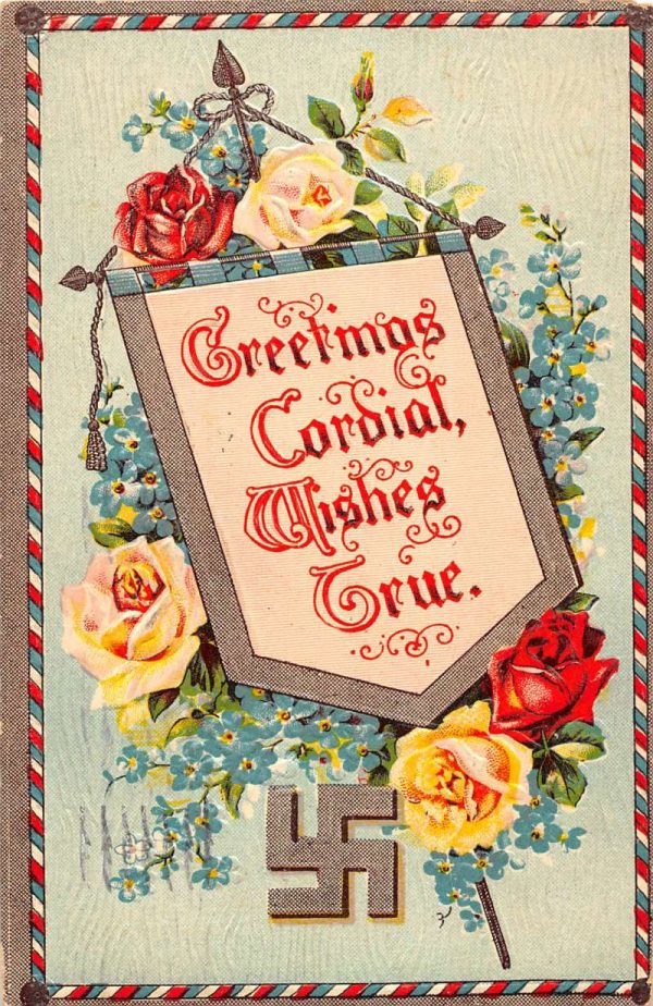 Greetings Cordial Wishes True flowers swastika embossed antique pc ZA441498