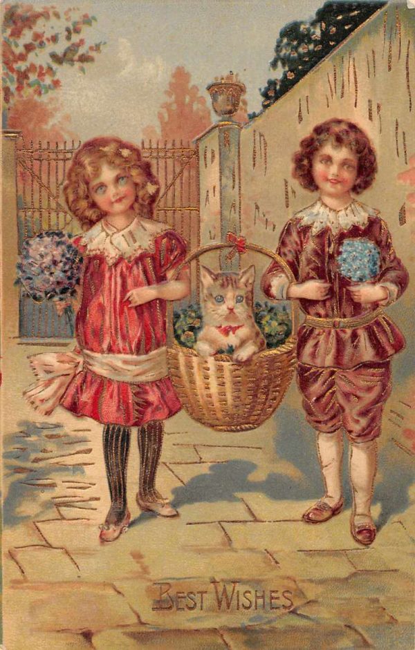 Best Wishes Children with Cat in Basket Vintage Postcard JG236767