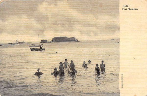 Brooklyn New York beach bathers boats at Fort Hamilton antique pc ZC548698