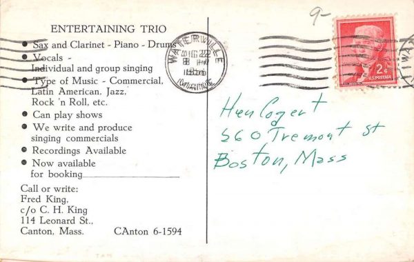 Canton Massachusetts Fred King Trio sax clarinet piano drums vintage pc ZC548867 - Image 2