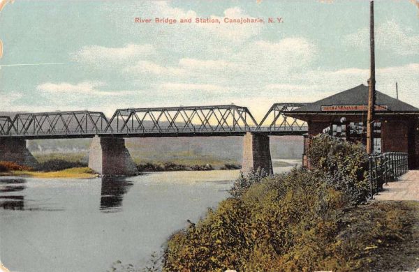 Canajoharie New York birds eye view river bridge and station antique pc ZC548870