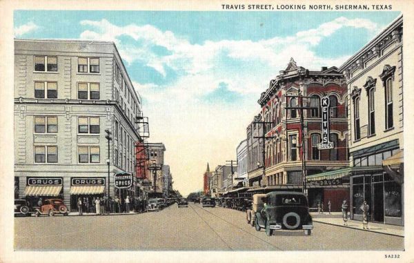 Sherman Texas Travis St Looking North Vintage Postcard JH230376