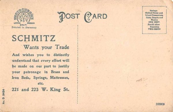 Schmitz Mattress Store and Donkey Cart Advertising Vintage Postcard JH230801 - Image 2