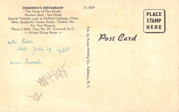 Concord North Carolina Chubirko's Restaurant Vintage Postcard JI657219 - Image 2