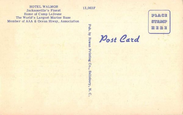 Jacksonville North Carolina Hotel Walmor Linen Vintage Postcard JI658087 - Image 2