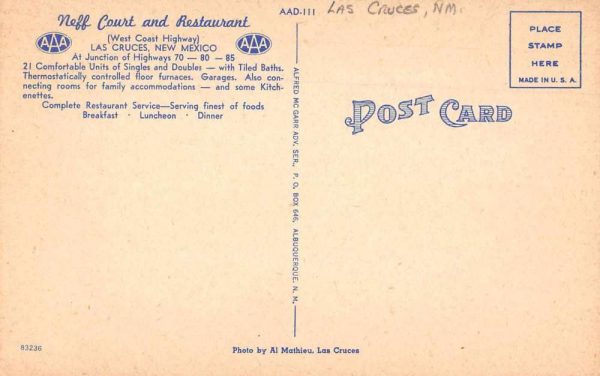 Las Cruces New Mexico Neff Court and Restaurant Vintage Postcard JI658248 - Image 2