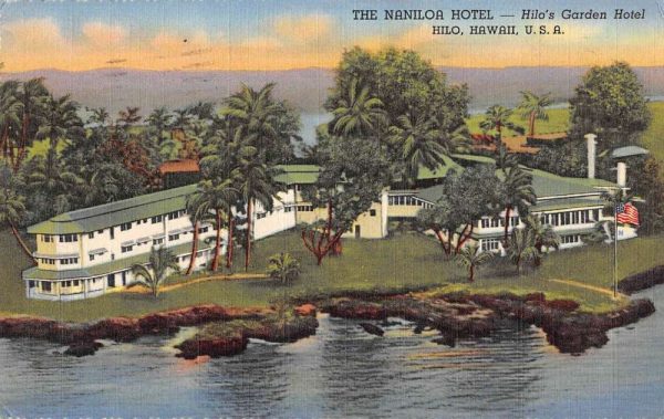 Hilo Hawaii panoramic aerial view Naniloa Hotel linen antique pc ZE686143