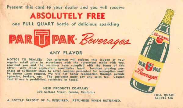 Fresno California Par T Pak Beverages Advertising Vintage Postcard JJ658709