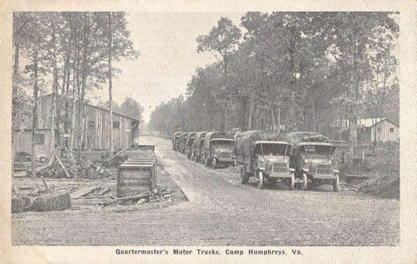 Camp Humphreys Virginia view of Quartermaster's Motor Trucks antique pc ZE686168