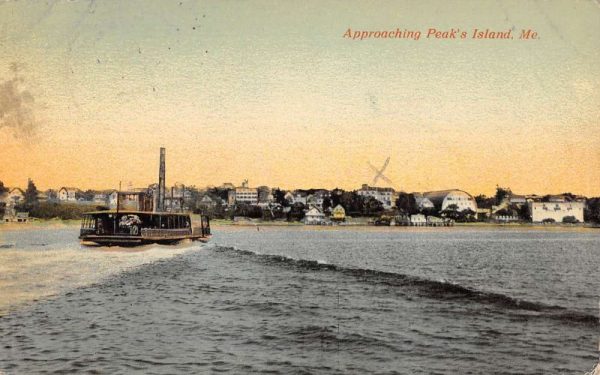 Peak's Island Maine view of boat approaching city antique pc ZE686212