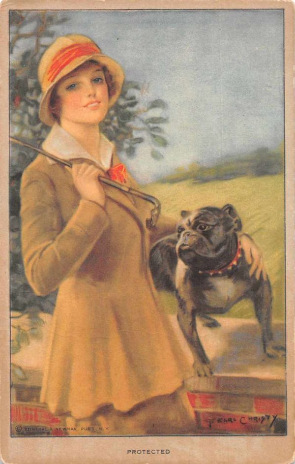 Woman with Pug Bulldog "Protected" Vintage Postcard JJ658776