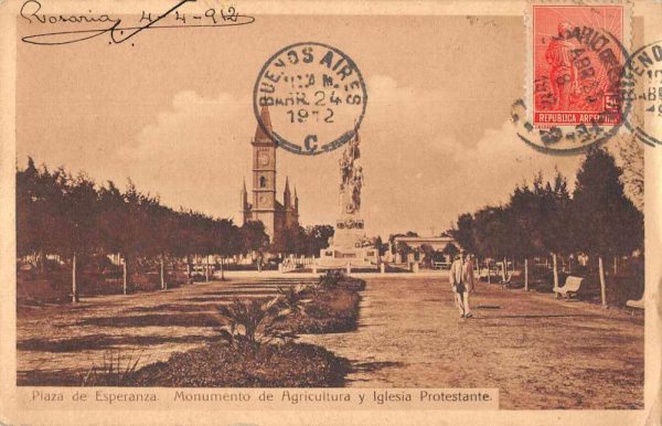 Plaza de Esperanza Argentina Monument and Church Vintage Postcard JJ658839