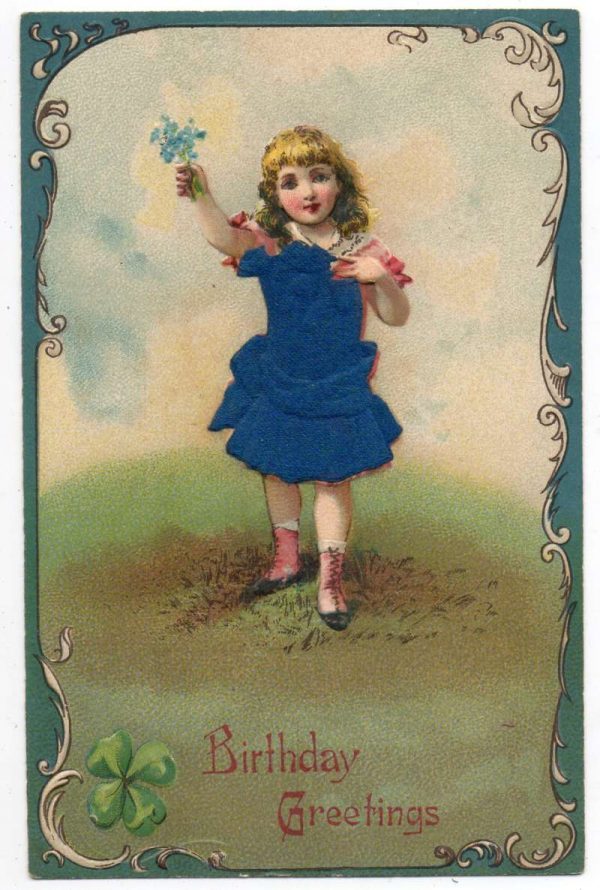 Birthday Greetings Girl Holding Blue Flowers Silk Dress Add On PC JJ658859