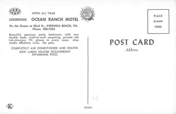 Virginia Beach Virginia Ocean Ranch Motel Beach Scene Vintage Postcard JJ658874 - Image 2