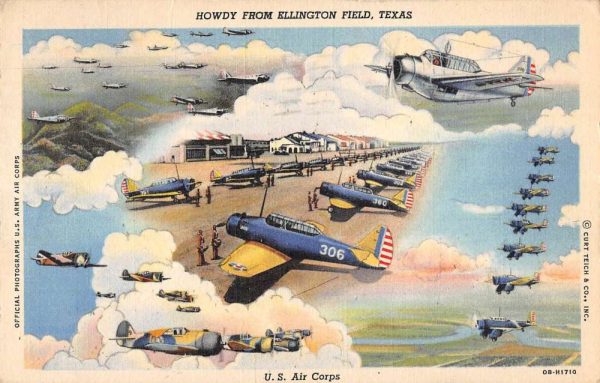 Ellington Field Texas Howdy From US Air Corps planes linen antique pc ZE686272