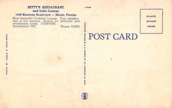 Miami Florida Betty's Restaurant and Lobo Lounge Vintage Postcard JJ658947 - Image 2