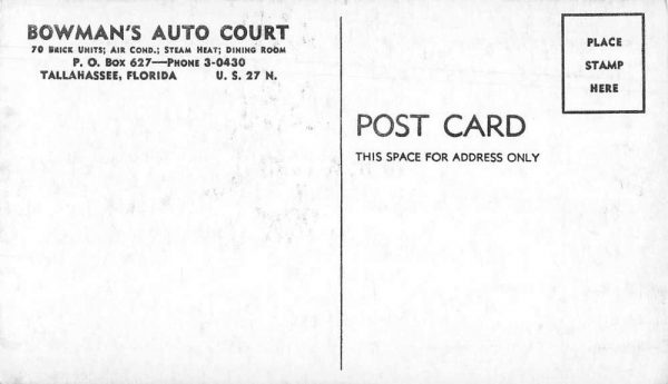 Tallahassee Florida Bowman's Auto Court Vintage Postcard JJ658967 - Image 2