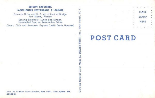 Fort Myers Florida Edison Cafeteria Lamplighter Restaurant Postcard JJ658969 - Image 2