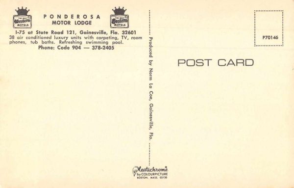 Gainesville Florida Ponderosa Motor Lodge Room Interior Postcard JJ658973 - Image 2