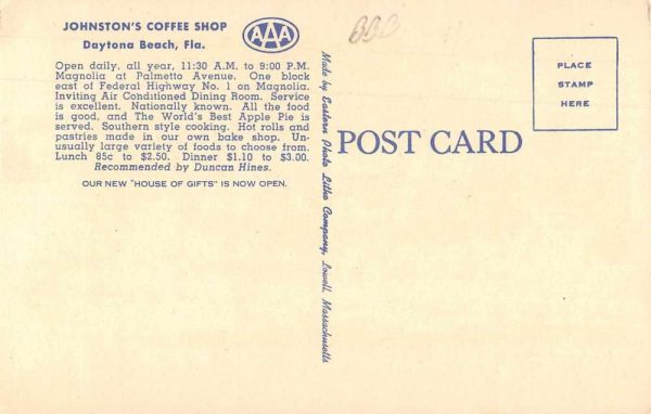 Daytona Beach Florida Johnston's Coffee Shop Linen Vintage Postcard JJ658975 - Image 2