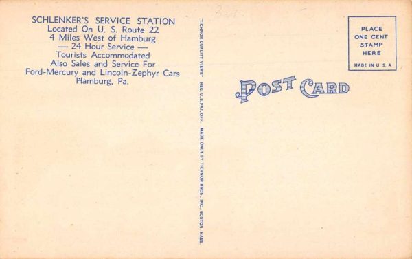 Hamburg Pennsylvania Schlenker Service Station Linen Vintage Postcard JJ658979 - Image 2