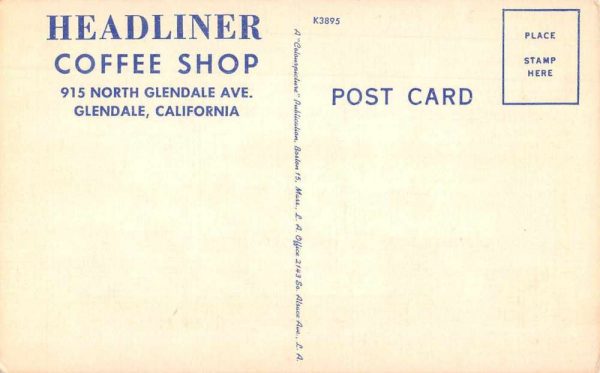 Glendale California Headliner Coffee Shop Vintage Postcard JJ649060 - Image 2