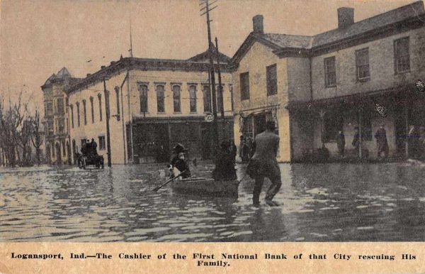 Logansport Indiana Bank Cashier Saving Family Flood Disaster Postcard JJ649074