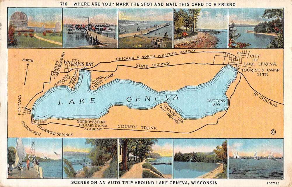 Lake Geneva Wisconsin scenic views along with map antique pc ZE686278 -  Mary L. Martin Ltd. Postcards