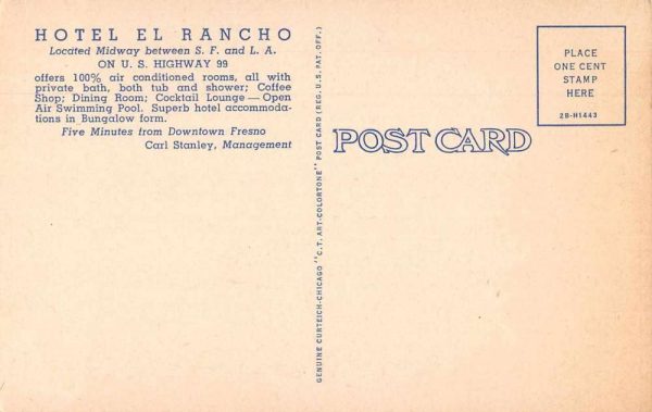 Fresno California Hotel El Rancho Linen Vintage Postcard JJ649250 - Image 2