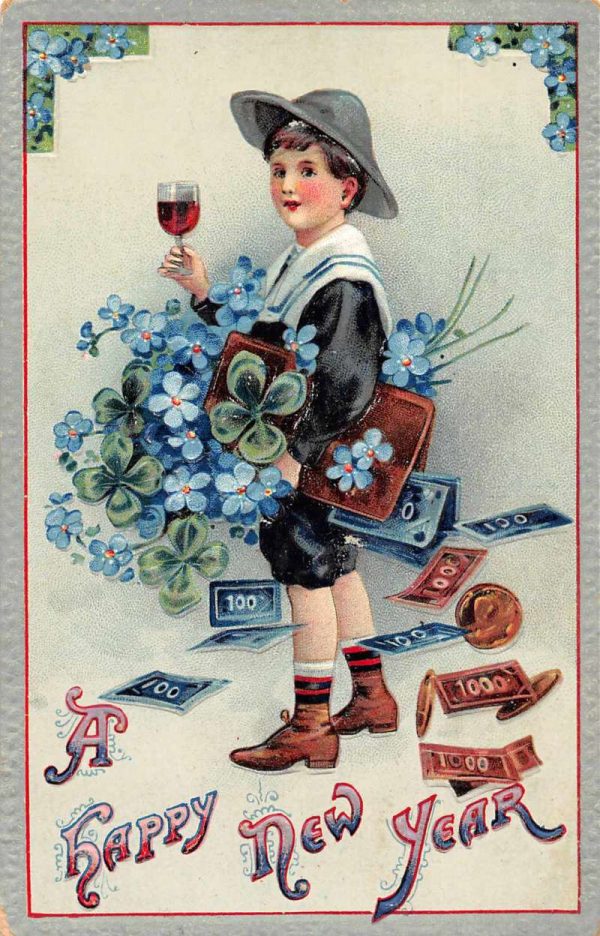 New Year Greetings Boy with Wine and Money Vintage Postcard JJ649259