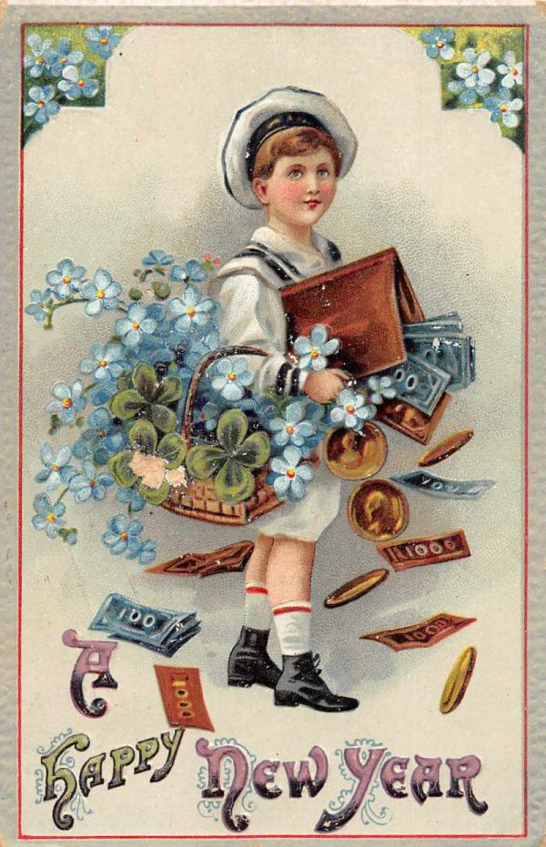 New Year Greetings Boy with Bag of Money Vintage Postcard JJ649260