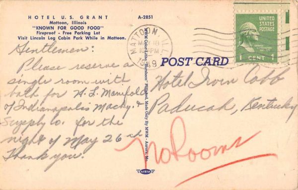 Mattoon Illinois Hotel US Grant Linen Vintage Postcard JJ649309 - Image 2