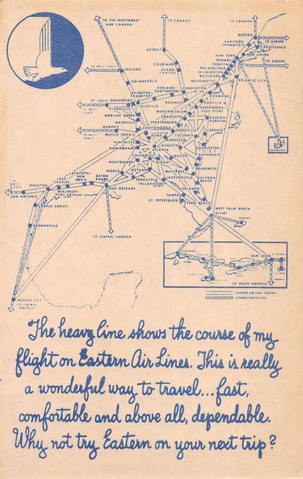 Eastern Air Lines Airplane Flight Paths Aerial Map Vintage Postcard JJ649408