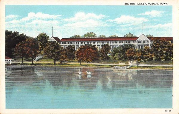 Lake Okobji Iowa birds eye view showing The Inn antique pc ZE686372