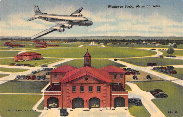 Westover Field Massachusetts view of airplane flying linen antique pc ZE686538