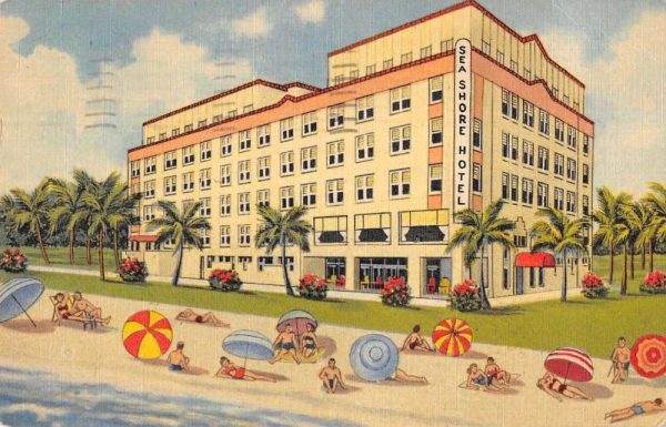 Miami Beach Florida beach scene Sea Shore Hotel linen antique pc BB43