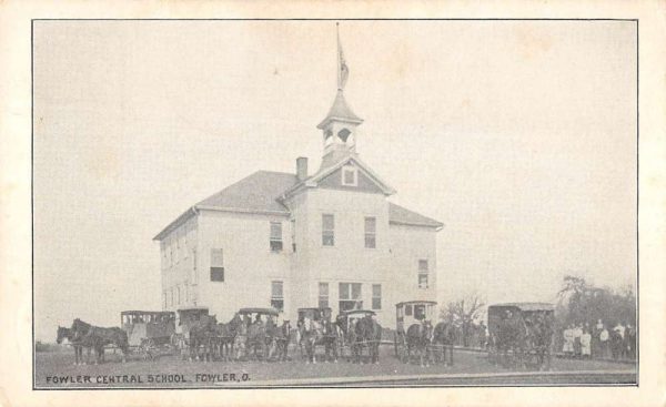 Fowler Ohio birds eye view horses buggies Fowler Central School antique pc BB99