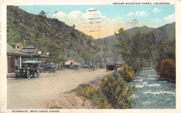 Bear Creek Colorado birds eye view autos parked at Starbuck antique pc BB104