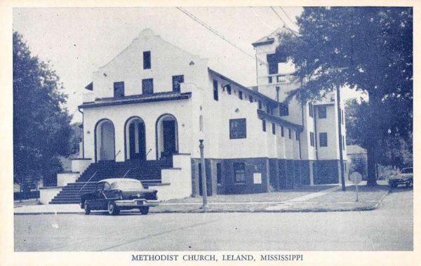 Leland Mississippi birds eye view outside Methodist Church antique pc BB122