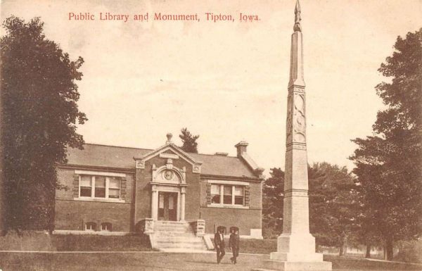 Tipton Iowa birds eye view public library and monument antique pc BB125