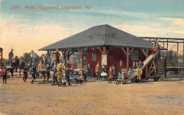 Logansport Indiana group of children at public playground antique pc BB129